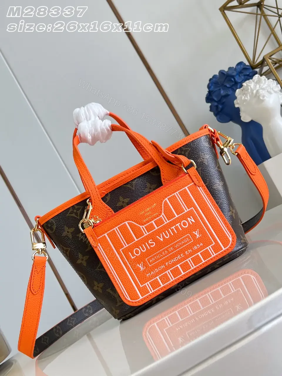 View 3 of Bright Orange Leather Trim Monogram Handbag with Detachable Strap