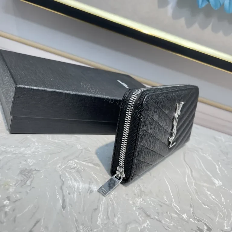 View 3 of Chevron-Quilted Leather Wallet with YSL Monogram â€“ Sleek Everyday Luxury