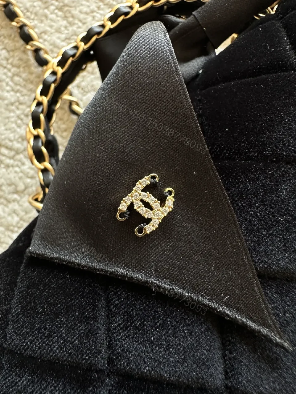 View 5 of Chic Quilted Black Velvet Bag with Ribbon Accent Milesight-style Luxe Bag