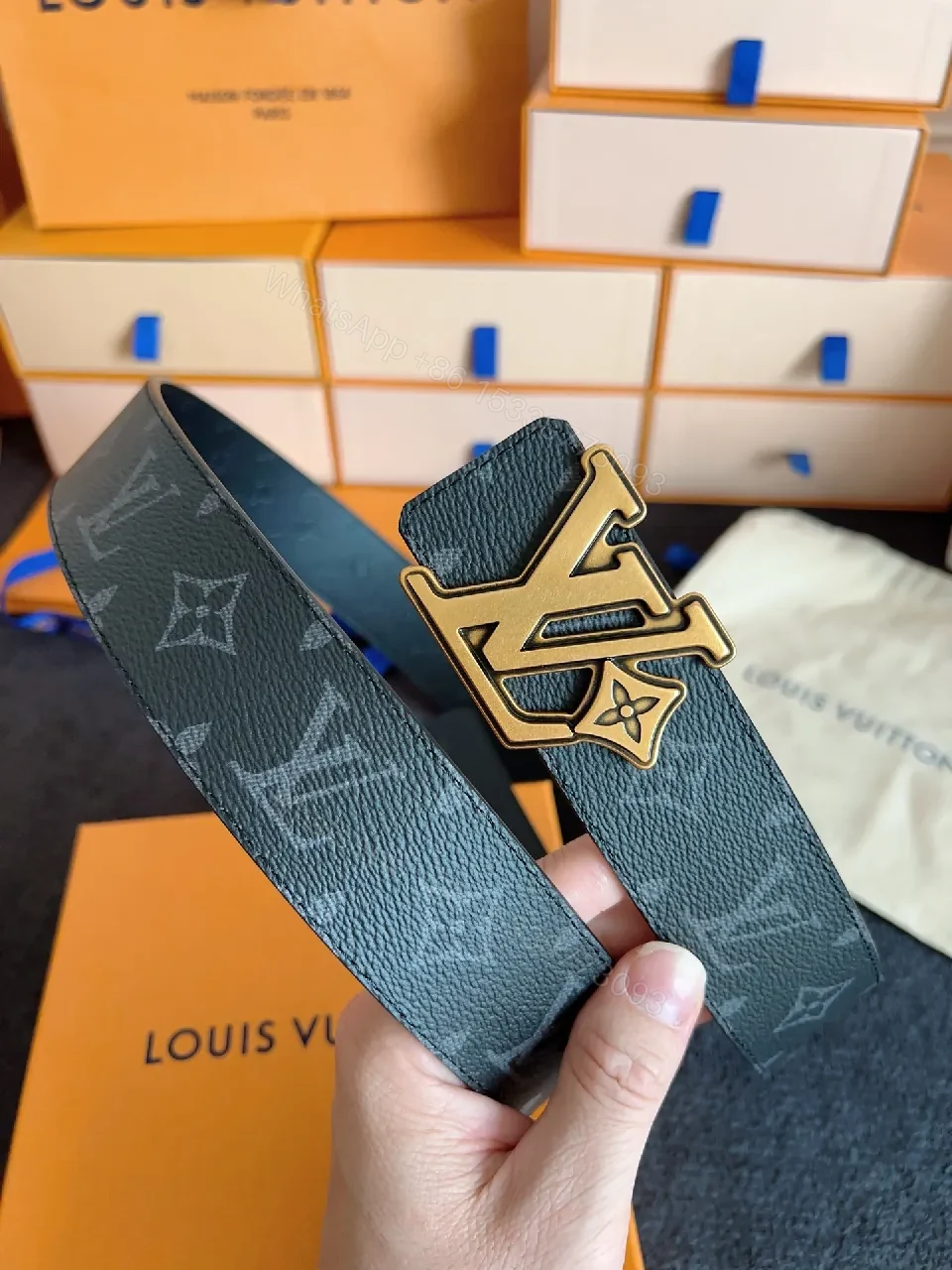 View 6 of Navy Leather Belt + Oversized Gold Buckle + Modern Luxury + Everyday Versatility Belt