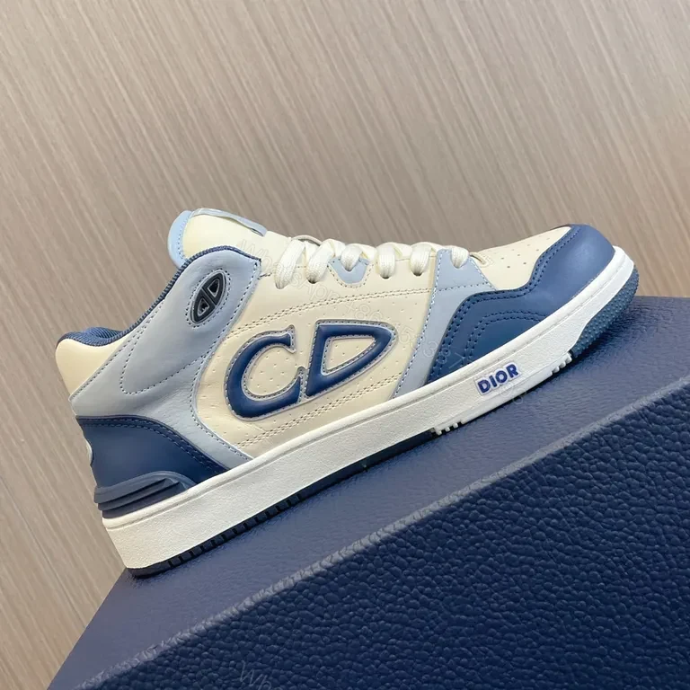 Ivory Leather Dior-Inspired High-Top Sneakers with Blue Accents — view 1