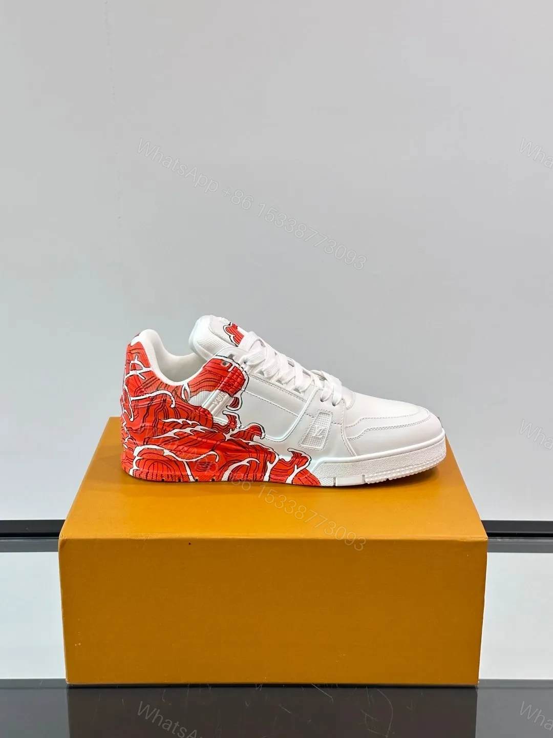 View 6 of LV Men White Leather Sneakers With Red Floral Design