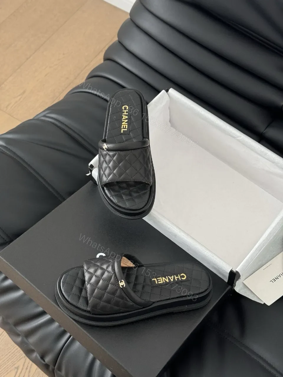 View 3 of Quilted Black Slip-Ons with Gold Logo - Luxe Comfort Shoes
