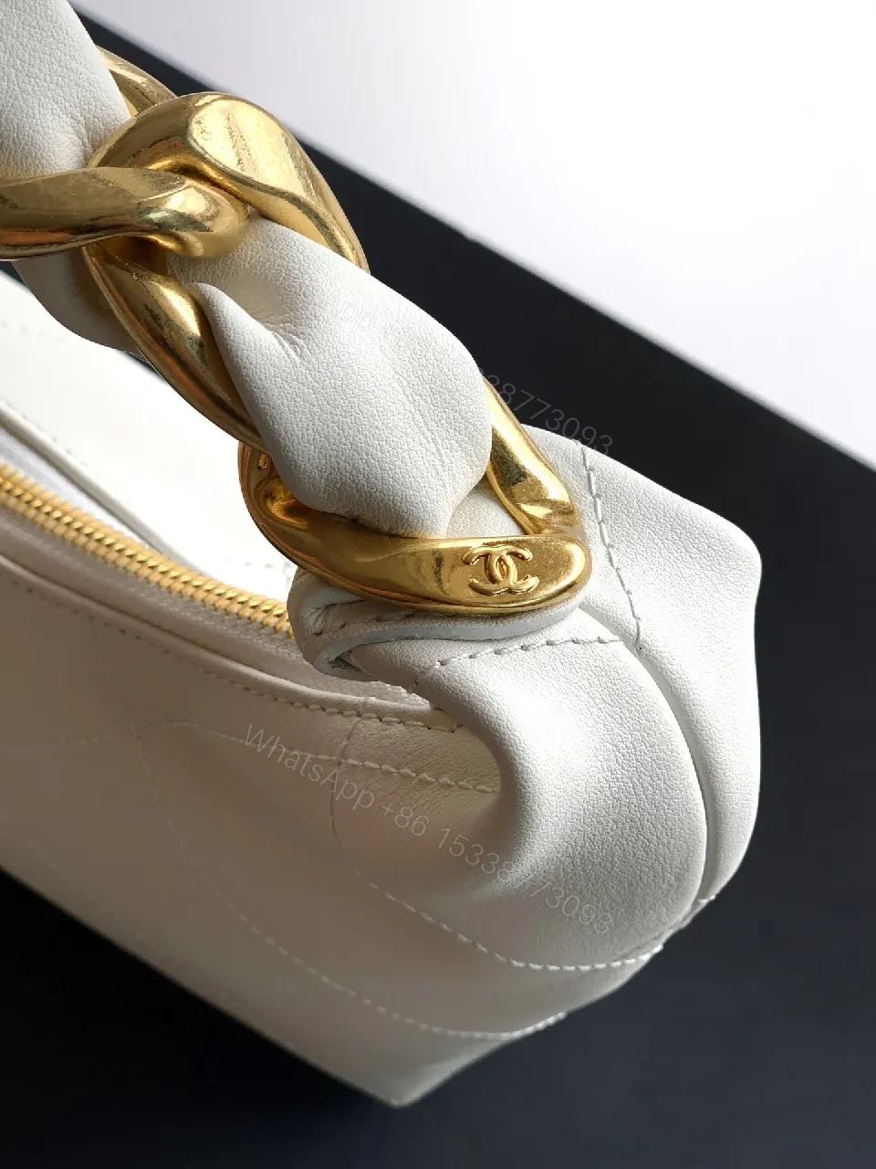 View 3 of White Quilted Leather Handbag with Gold Chain