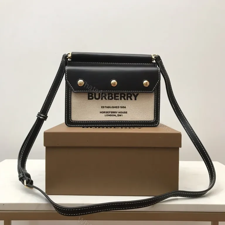 Beige Canvas & Black Leather Crossbody: Bold Brand Duo — view 1