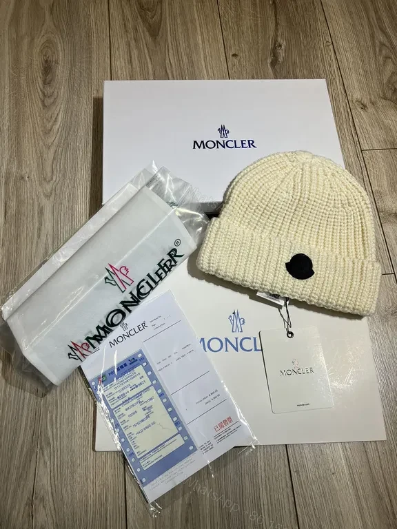 View 6 of Caramel Knit Beanie: Moncler Ribbed Wool Style, Logo Patch, Unisex
