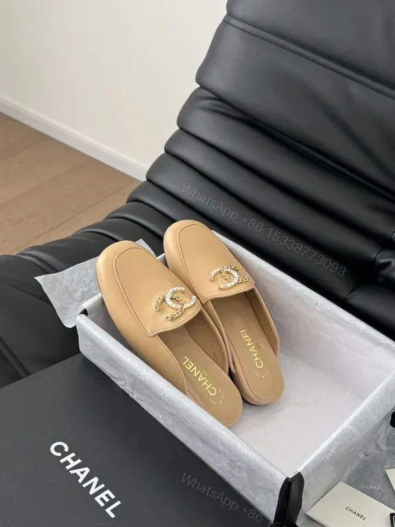 View 4 of Tan Leather Chanel-Style Mules: Signature Hardware, All-Day Comfort