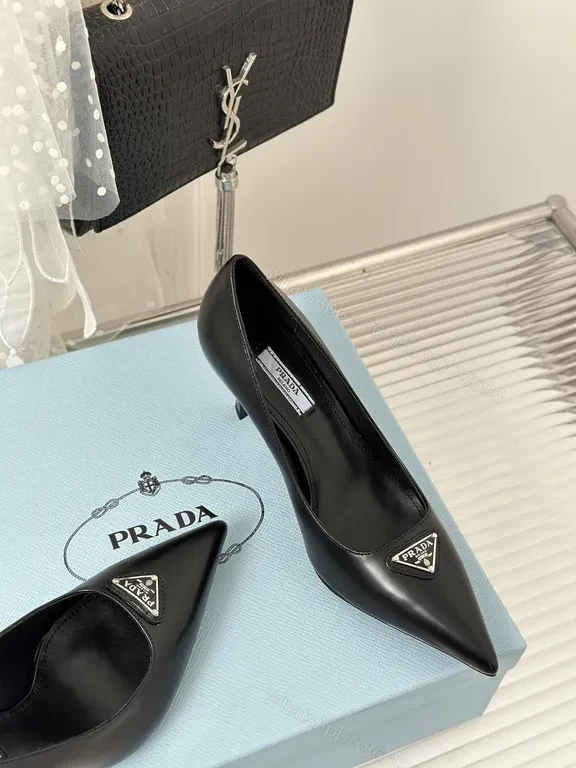 View 4 of Prada Black Leather Pumps â€“ Signature Triangle Logo, Pointed Toe