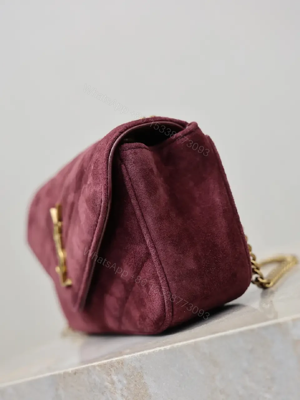 View 5 of Burgundy Suede Crossbody Bag with Gold Hardware