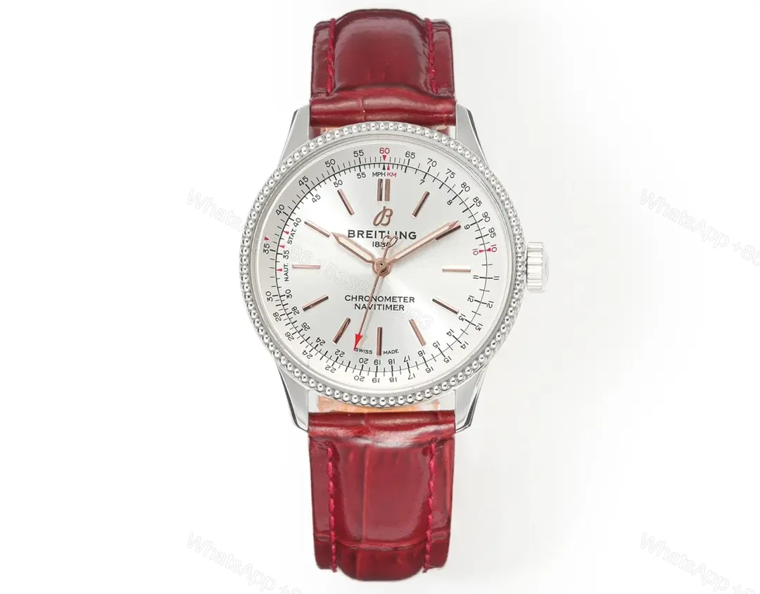 GF Factory Breitling Women’s Navitimer Automatic Watch – Silver Dial with Red Leather Strap — view 1