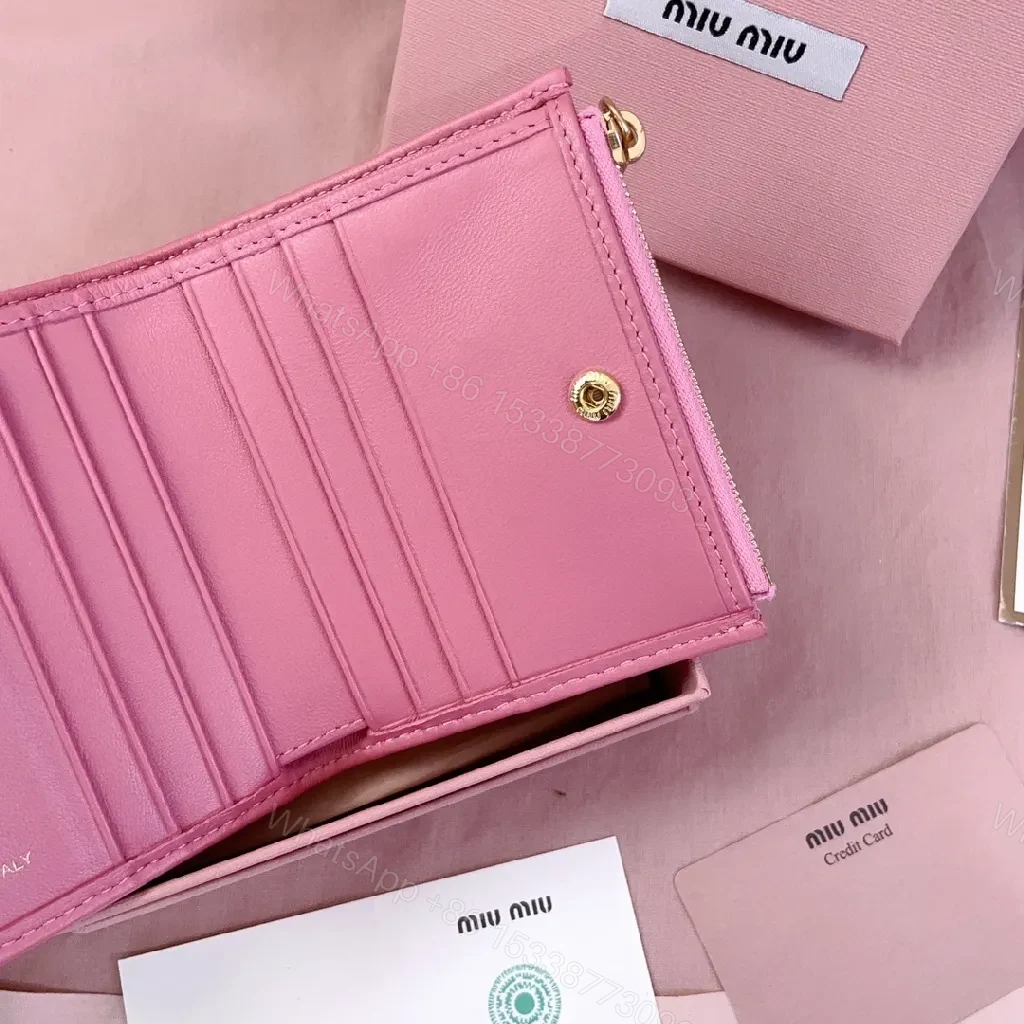 View 4 of Quilted Pink Wallet with Gold Logo – Luxe Bi-fold Wallet