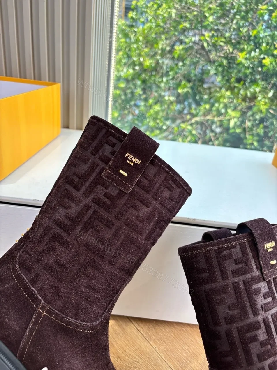 View 5 of Dark Velvet-Texture Boots with Monogram Detail: Suede, Mid-Calf, All-Season Luxe Shoes