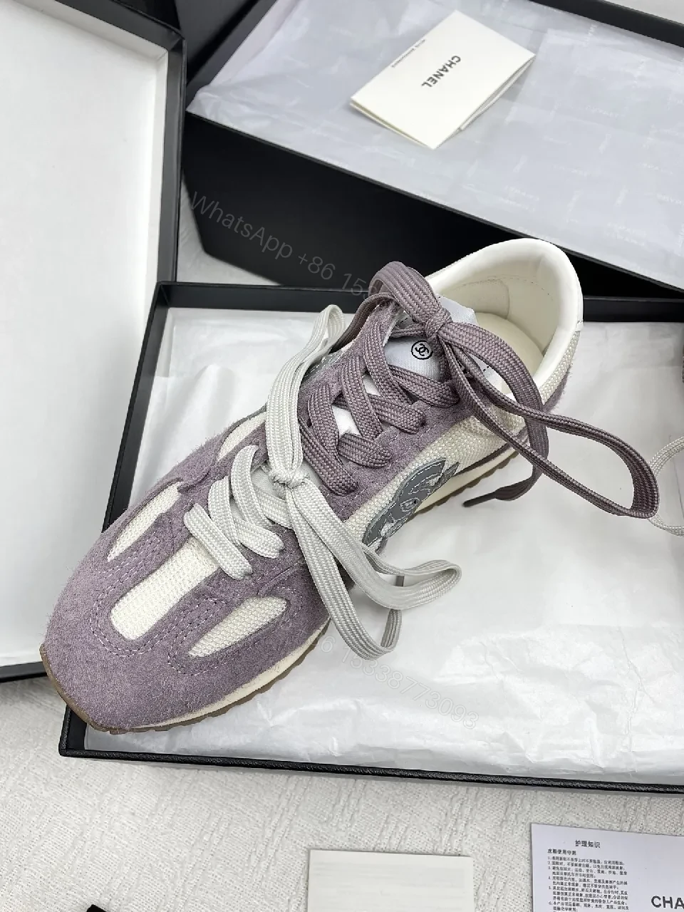View 8 of Lavender Suede & Cream Knit High-Top Sneakers – Luxury Chic Style