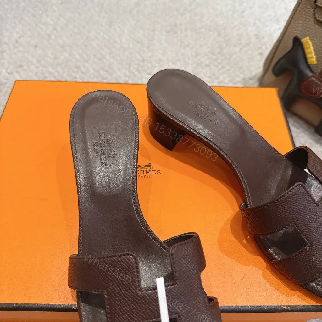 View 8 of Brown Leather H-Style Sandals - Hermes-Inspired Slide Sandals