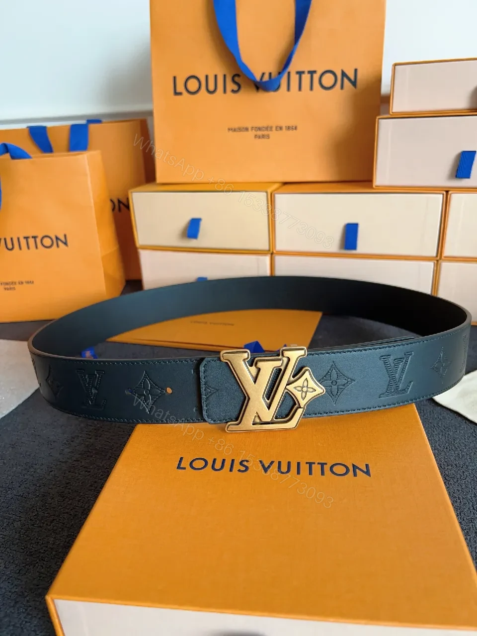 View 9 of Lux Black Leather Belt with LV Monogram & Silver Buckle