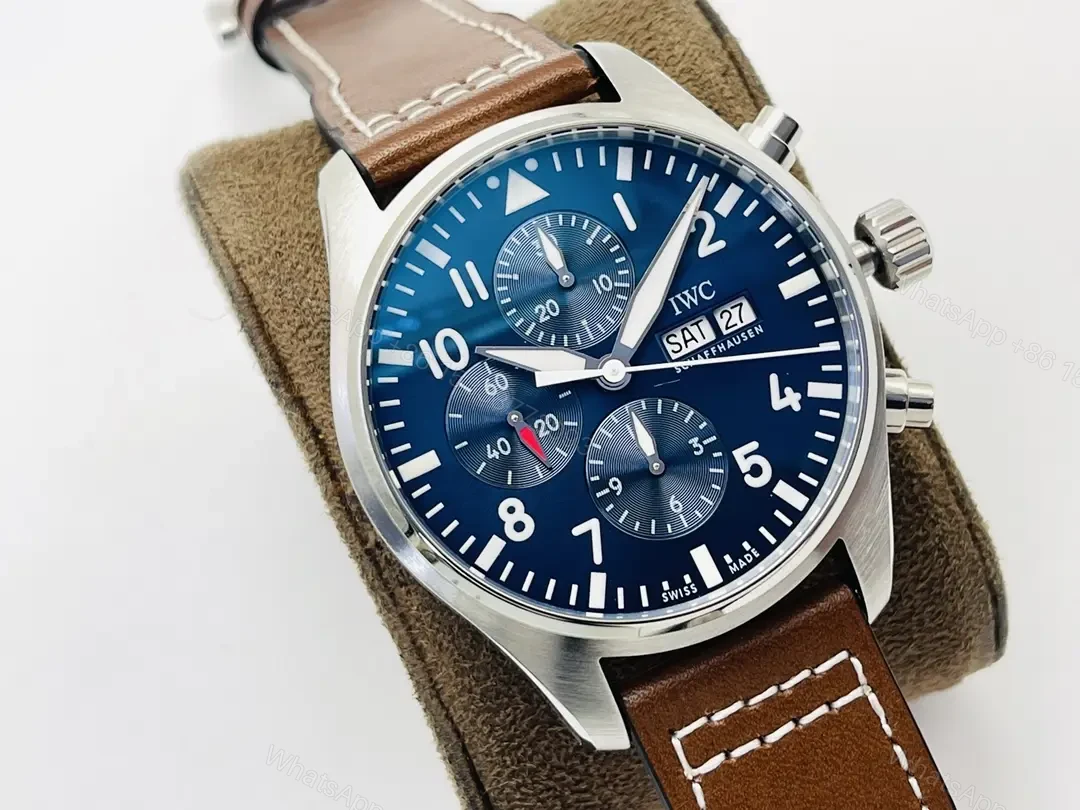 View 2 of IWC Blue Brown Pilot Chronograph Blue Dial Leather Strap Ultimate 43MM IWC-PILOT-CHR-BLU43-L