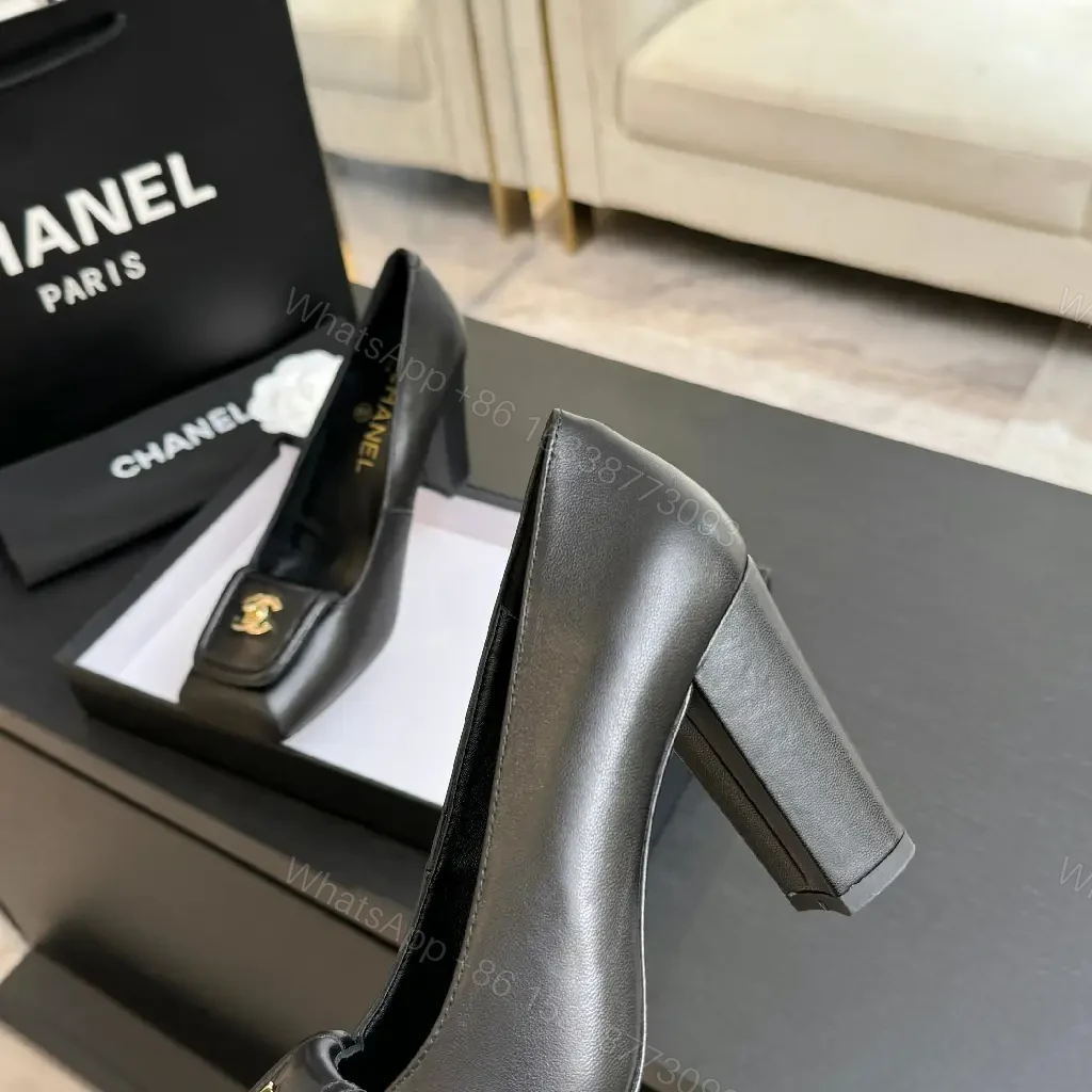 View 3 of Black Leather Heels with Iconic Hardware Emblem, Square-Toe, Block Heel