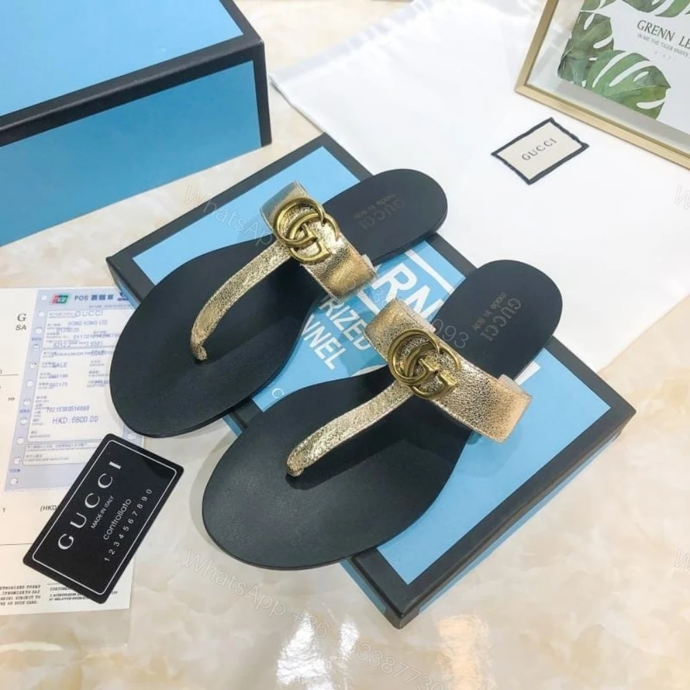 View 3 of Gucci Thong Sandals With Double G Gold