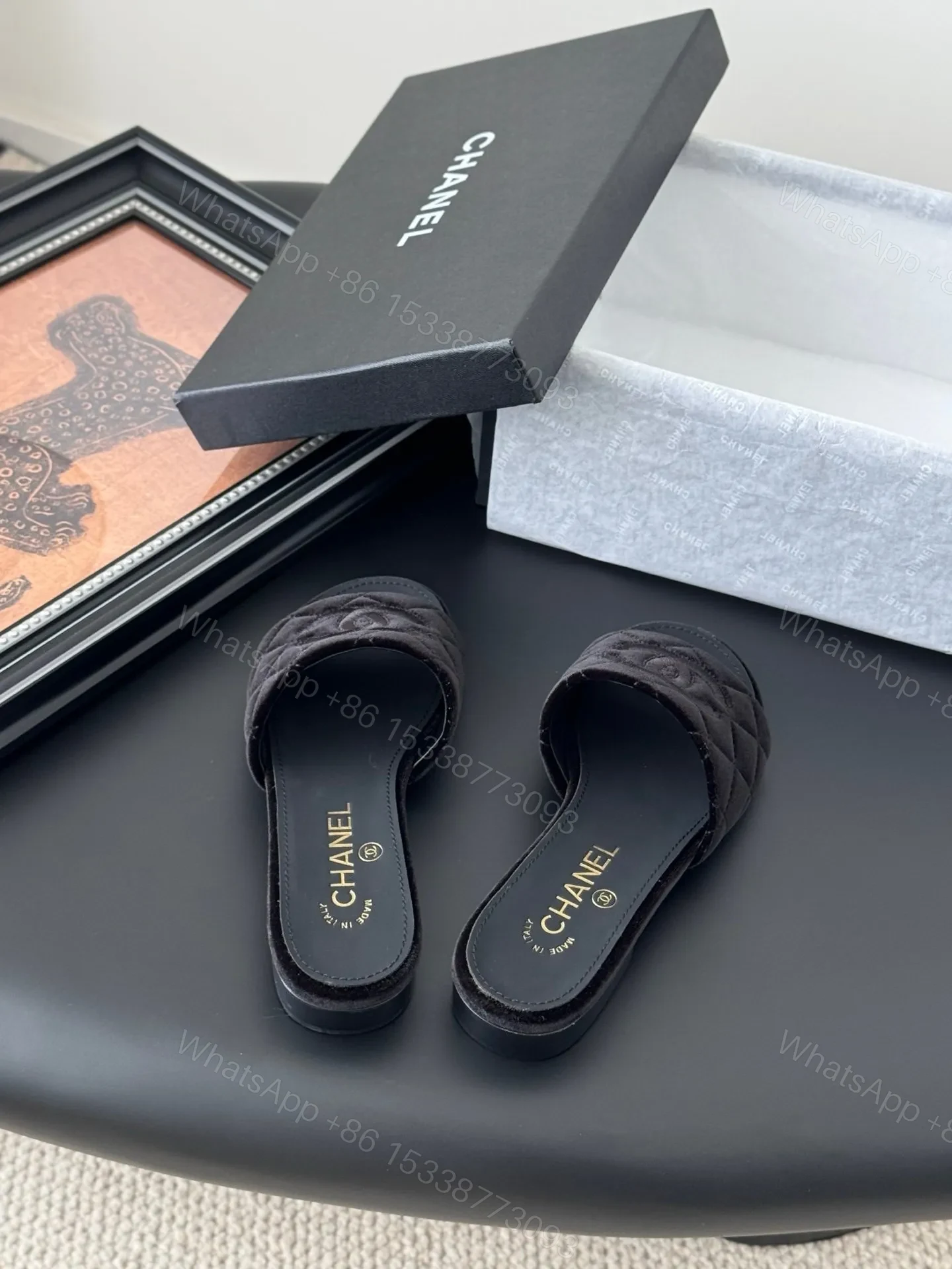 View 5 of Chanel Women Black Velvet Quilted Slides