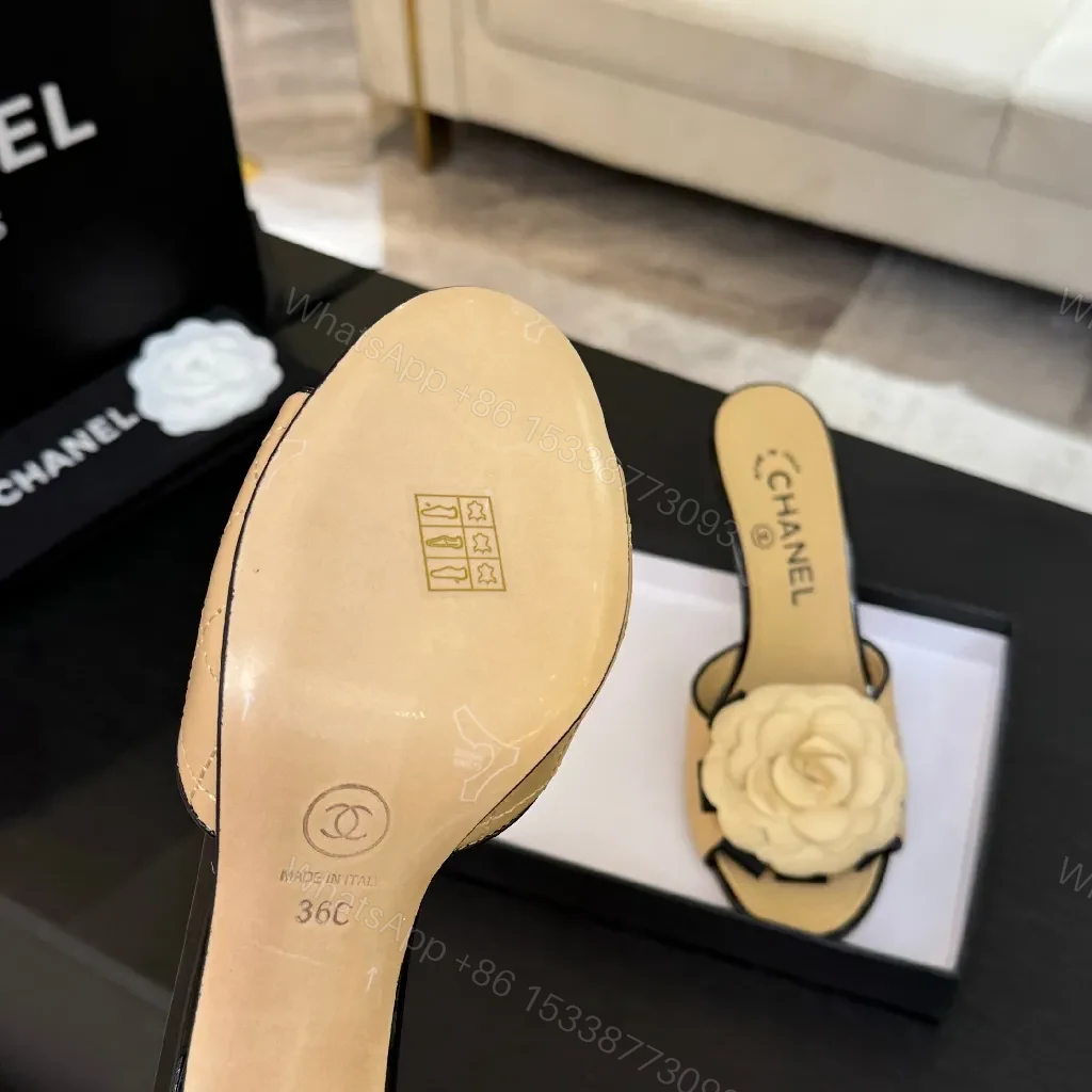 View 8 of Beige Quilted Leather Mules: Camellia, Sculpted Heel, Open-Toe