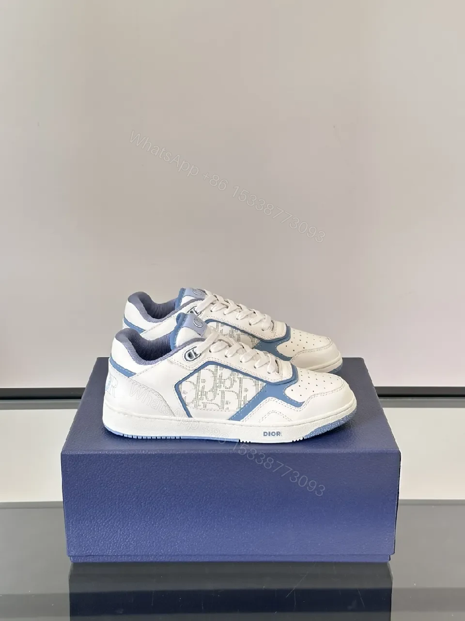 View 8 of White & Sky Blue Leather High-Tops with Subtle Monogram Texture
