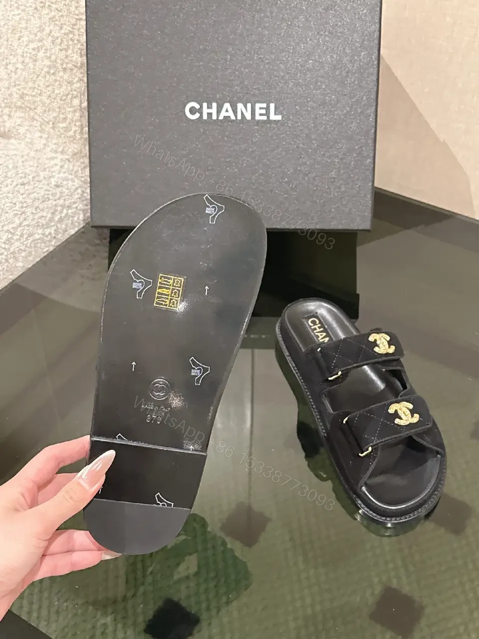 View 6 of Quilted Black Sliders with Gold Hardware — Everyday Luxury