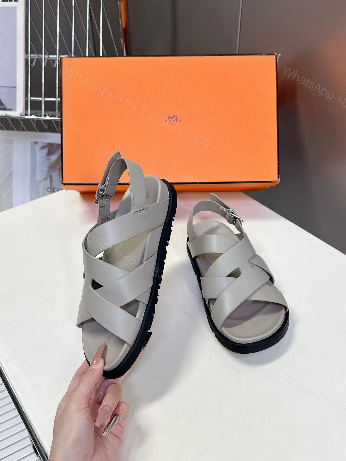 View 5 of Hermes Women Light Gray Leather Sandals