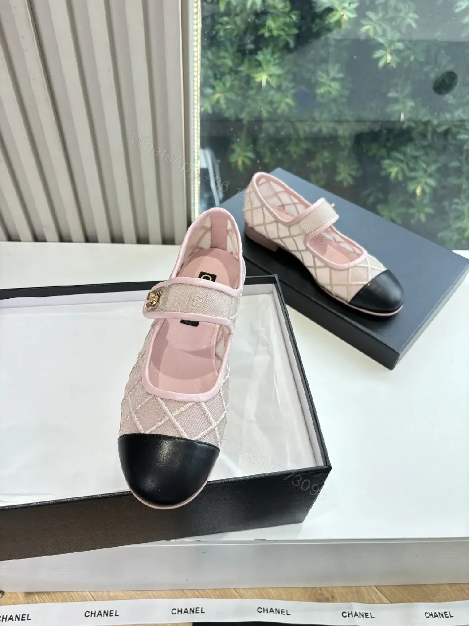 View 3 of Pink Quilted Mary-Jane Flats with Black Cap Toe