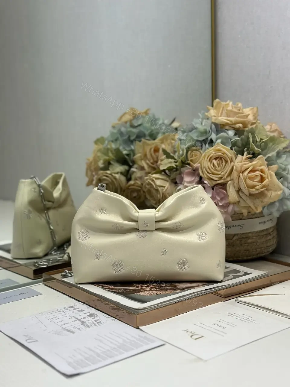 View 6 of Chic Nappa Leather Mini Handbag with Bow Embroidery