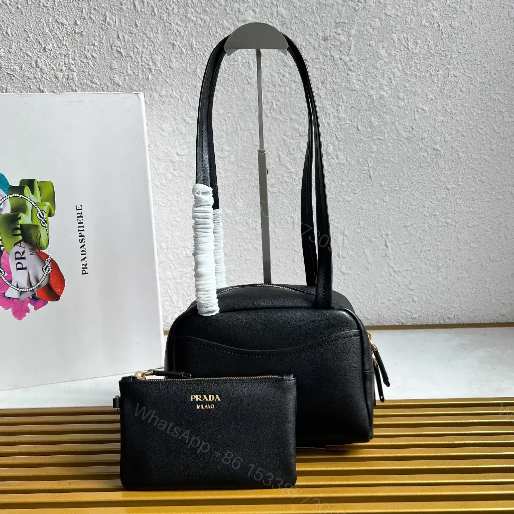 View 6 of Black Leather Structured Handbag with Gold Zipper Pouch - Prada Milano Style