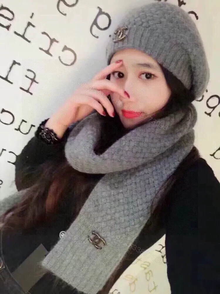 View 4 of Muted Gray Knit Set: Cozy Luxury Scarf & Beanie with Logo Hardware