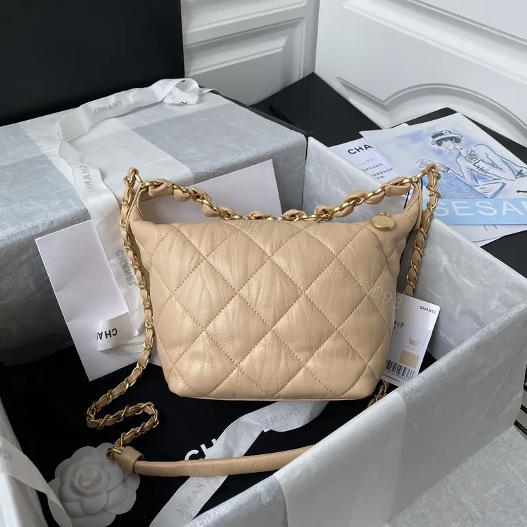 View 6 of Soft Beige Quilted Convertible Bag with Gold Chain, Leather, Chic Luxury Bag
