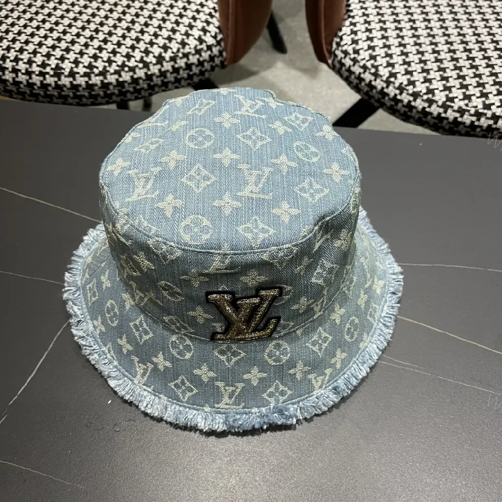 View 6 of Denim-Print Bucket Hat with LV Accent, Luxe Casual Accessory