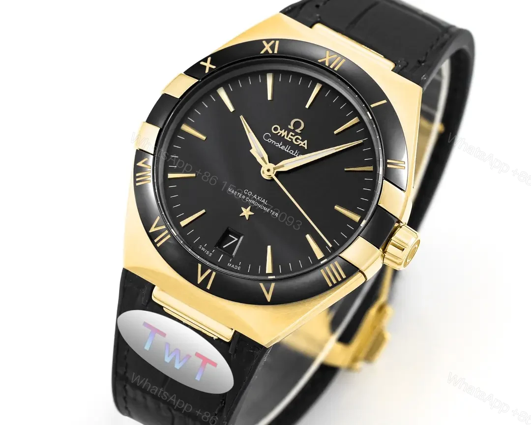 View 2 of Omega Constellation Meteorite Series 5th Generation 41MM Black Dial Gold Tone Watch with Black Leather Strap
