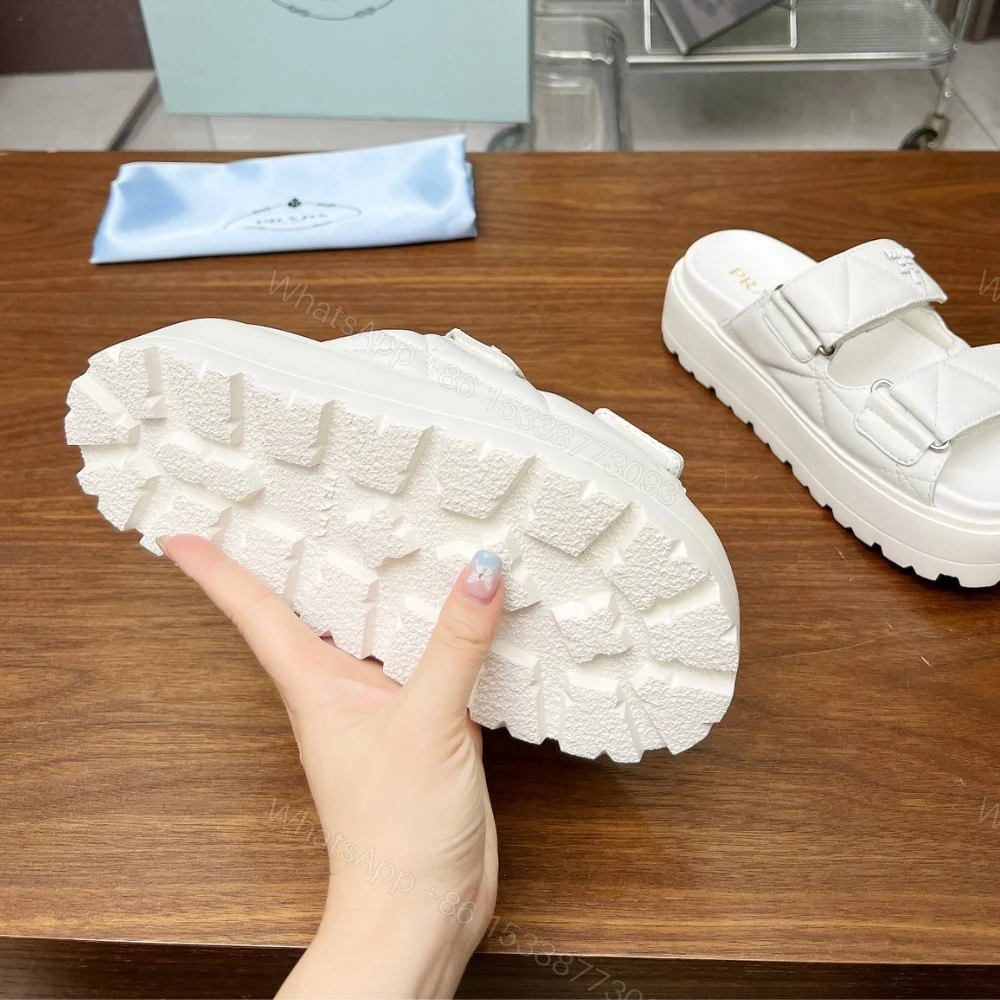 View 6 of PRADA QUILTED LEATHER PLATFORM SANDALS WHITE