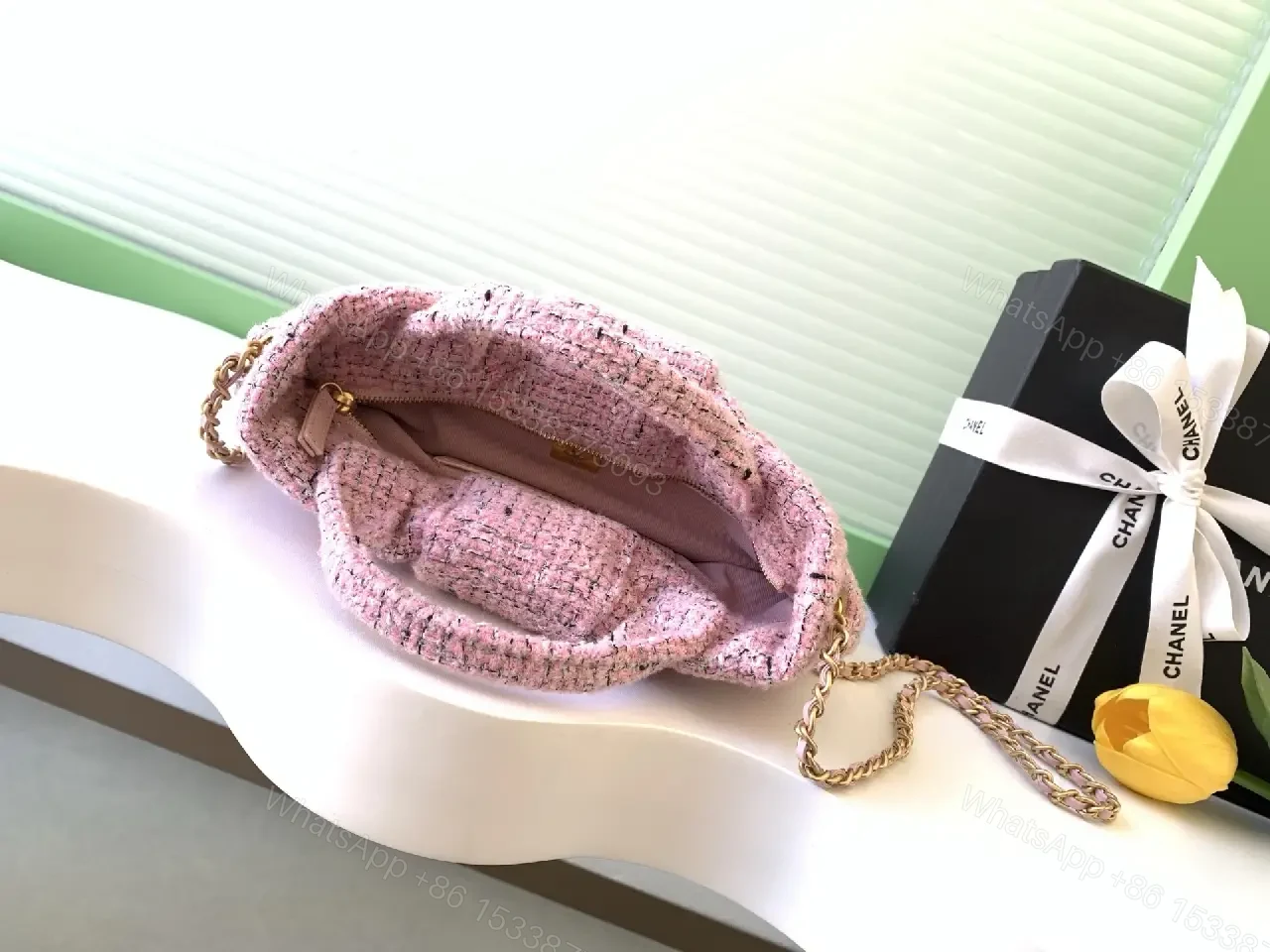 View 9 of Pink Tweed Bow Satchel, Gold Logo Clasp, Designer-Inspired Style