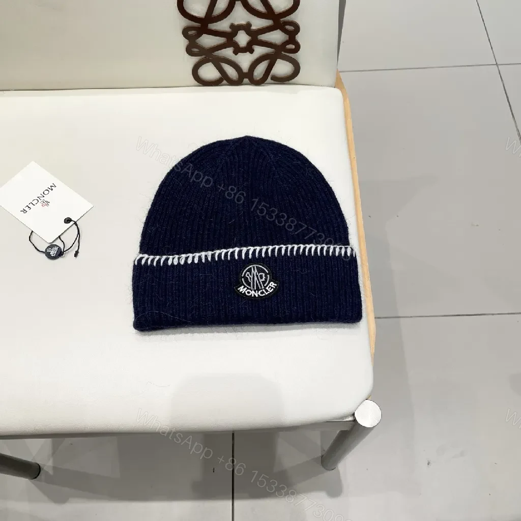Navy Knit Beanie with Contrast Stitch, Fold-Over Cuff — view 1