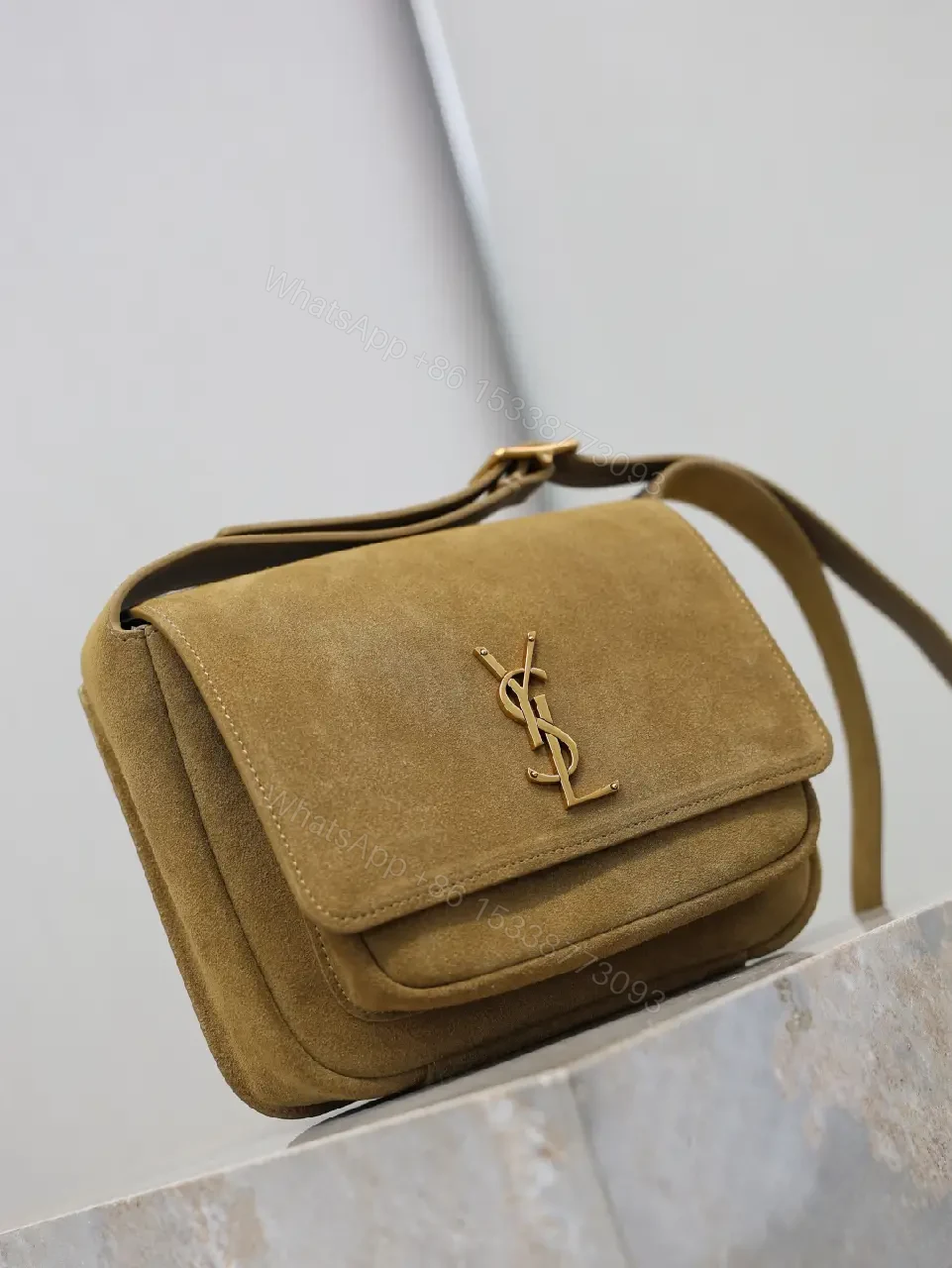 View 7 of Timeless Suede Crossbody with Gold Emblem, Compact Luxury