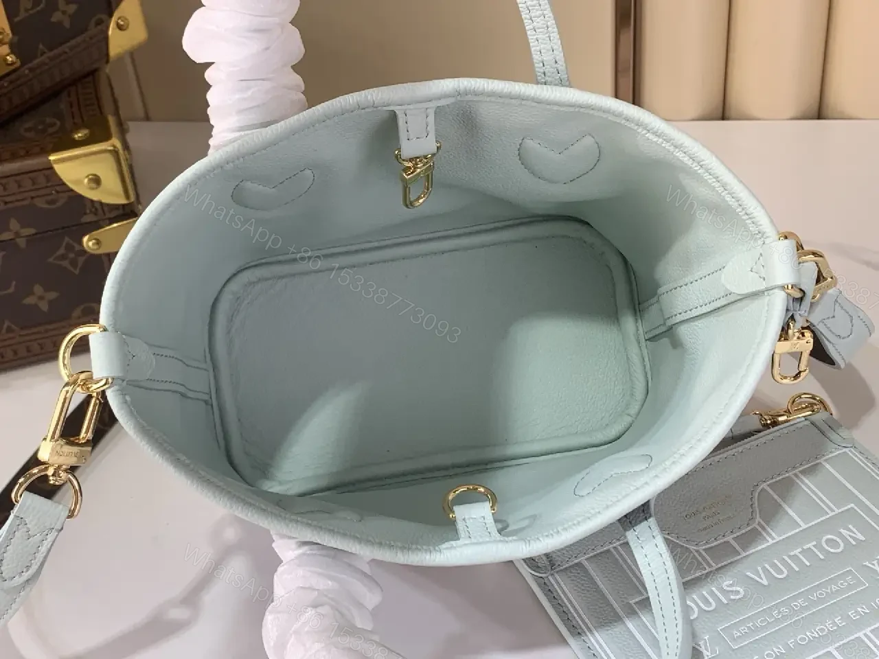 View 9 of Powder Blue Leather Trim Monogram Canvas Tote: Structured Luxury