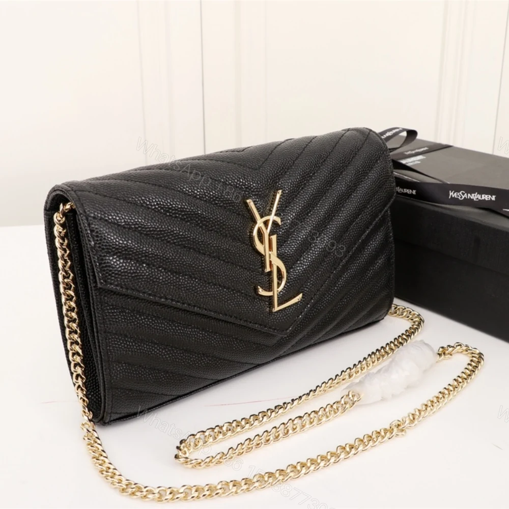 View 3 of Saint Laurent Cassandre Matelassé Chain Wallet In Grain De Poudre Embossed Black Gold 22Cm