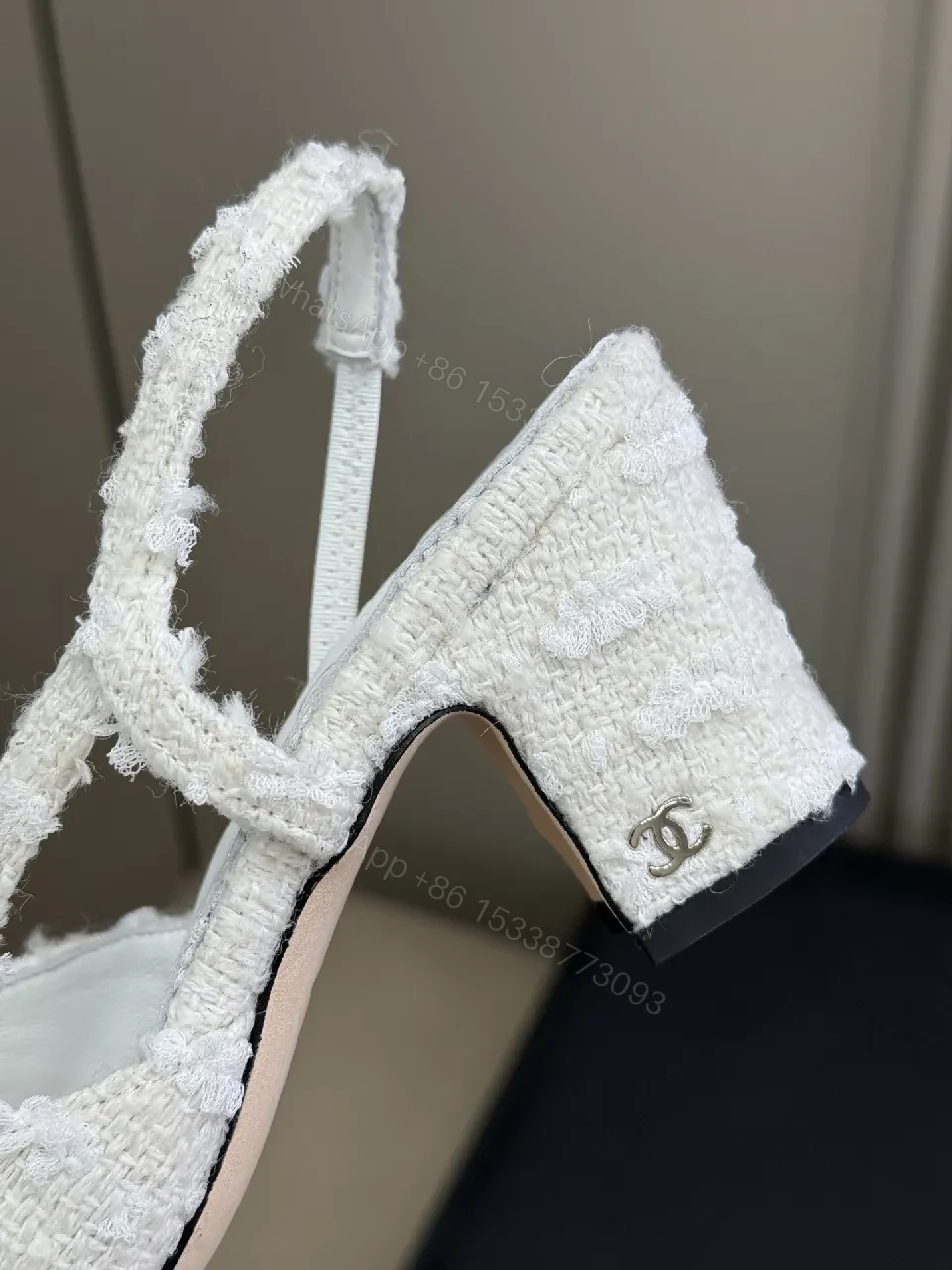 View 4 of White Tweed Patent-Toe Slingback Pumps with Mid-Heel