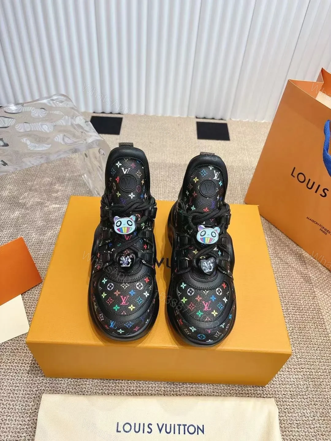 View 3 of LV Women Black Leather Multicolor Logo Sneakers