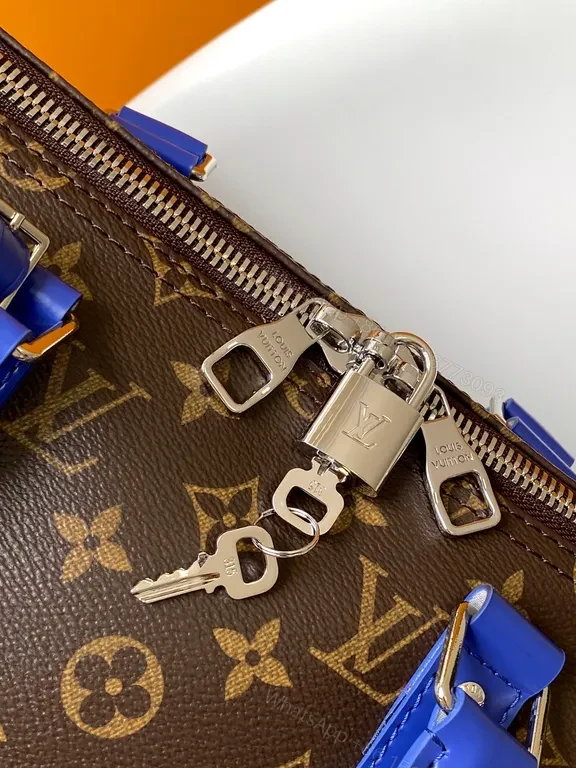View 8 of Bold Monogram Weekend Bag: Electric Blue Straps, Luxe Travel