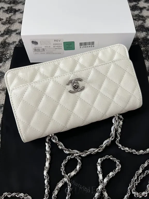 View 7 of Chanel-Inspired Quilted White Flap Crossbody Bag with Silver Chain