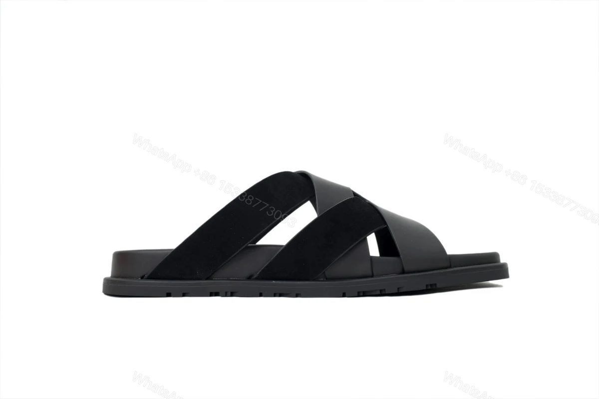 HERMES Black Cross Strap Slides — view 2