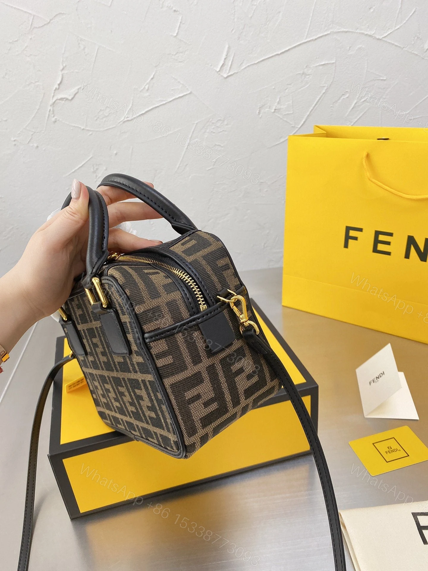 View 3 of FENDI Boston logo detailed mini bowling bag
