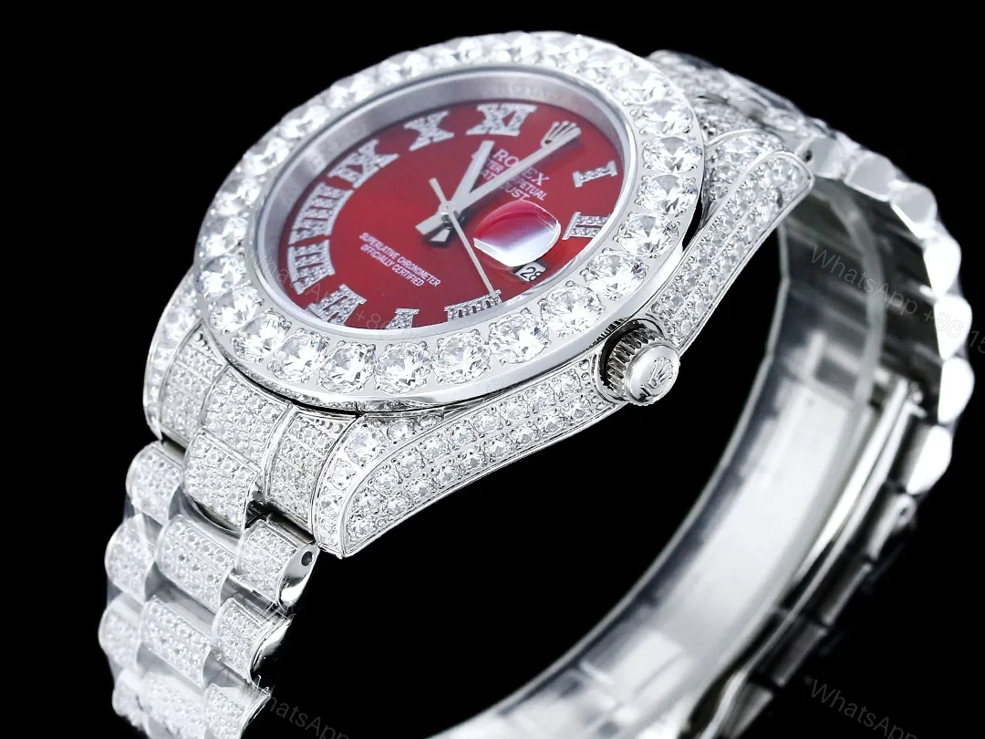 View 6 of Rolex Datejust Red Diamond Replica 42MM Premium Iced Steel Bracelet Red Dial Edition RG-ROLEX-DJ-RED-DIA-ICED-STL-42