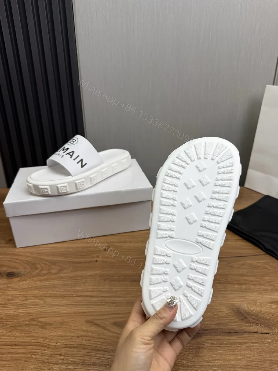 View 10 of White Slip-On with Bold Logo Band, Minimalist Comfort Slide