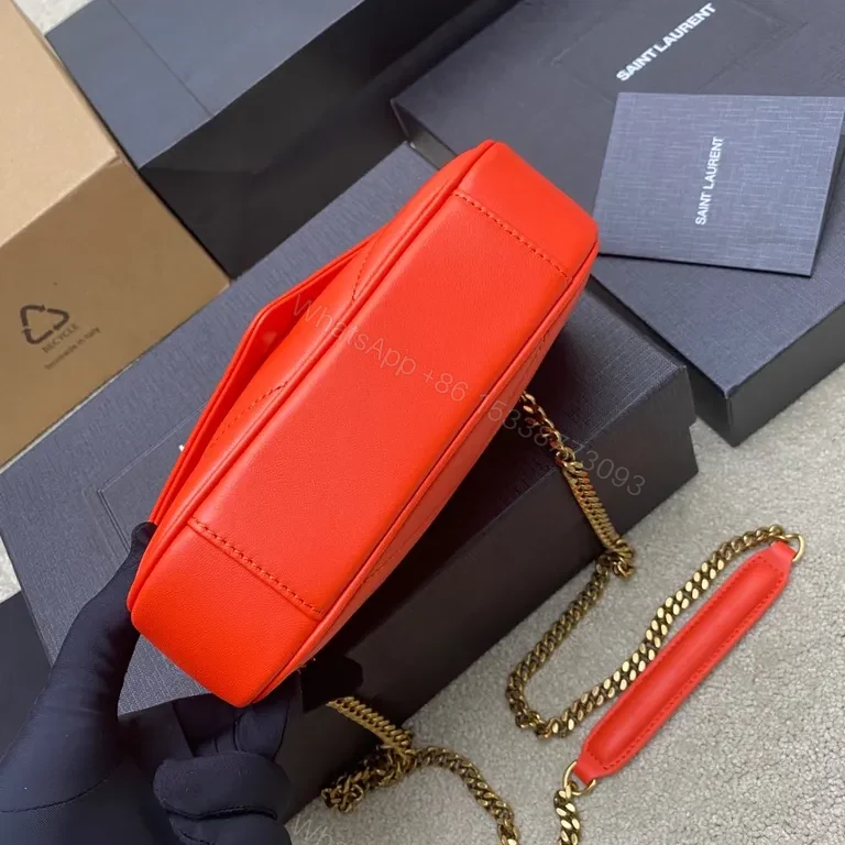 View 4 of Compact Red Leather Shoulder Bag with YSL Gold Monogram