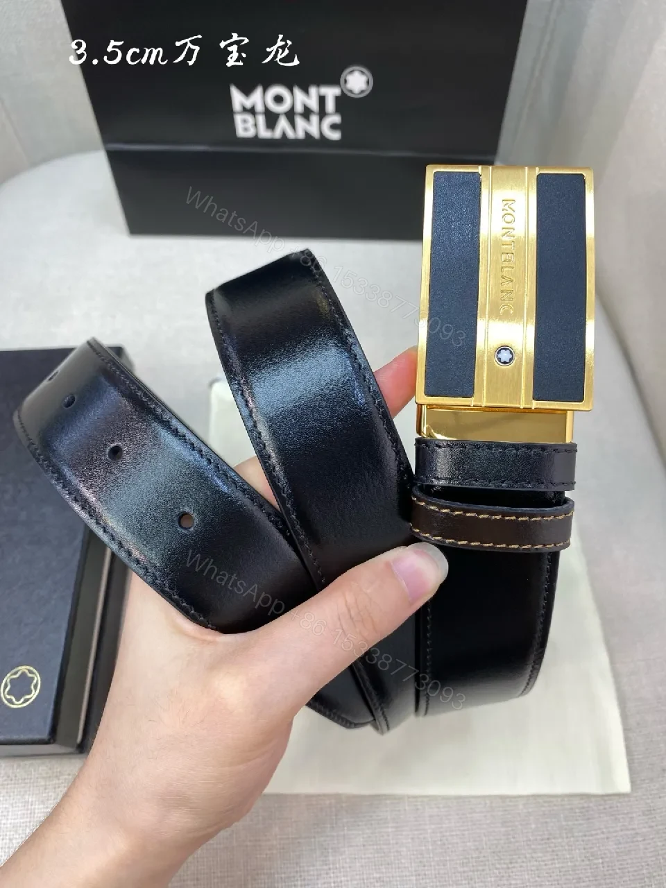 View 6 of Black Leather Belt with Gold-Plate Buckle, Premium Luxury Style